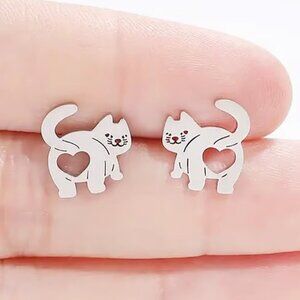 Silver Stainless Steel KITTY CAT Stud Earrings